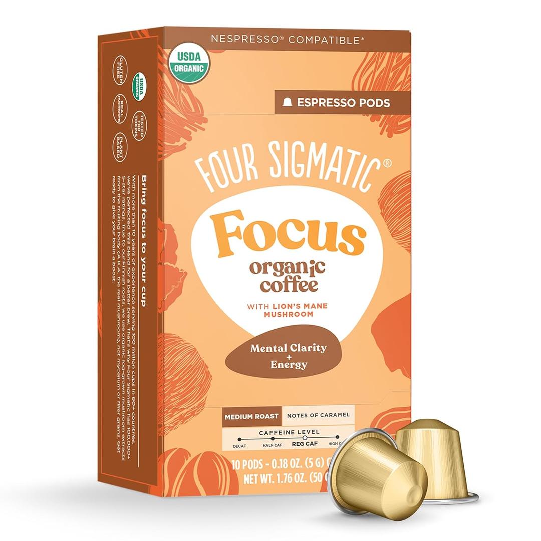 Four Sigmatic Focus Coffee Pods Compatible with Nespresso Original | Organic Medium Roast Espresso with Added Focus | Mushroom Coffee Enhanced with Lion's Mane | Medium Roast 10ct (EXP 05/21/27)