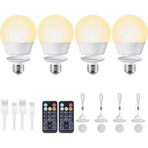 Rechargeable Light Bulb with Remote and Timer for Sconce and Lamp, Battery Backup Night Light, E26 Detachable Charging, Magnetic Base, 3 Lighting Colors, Dimmer, 7W, Lanyard Included, 4 Pack