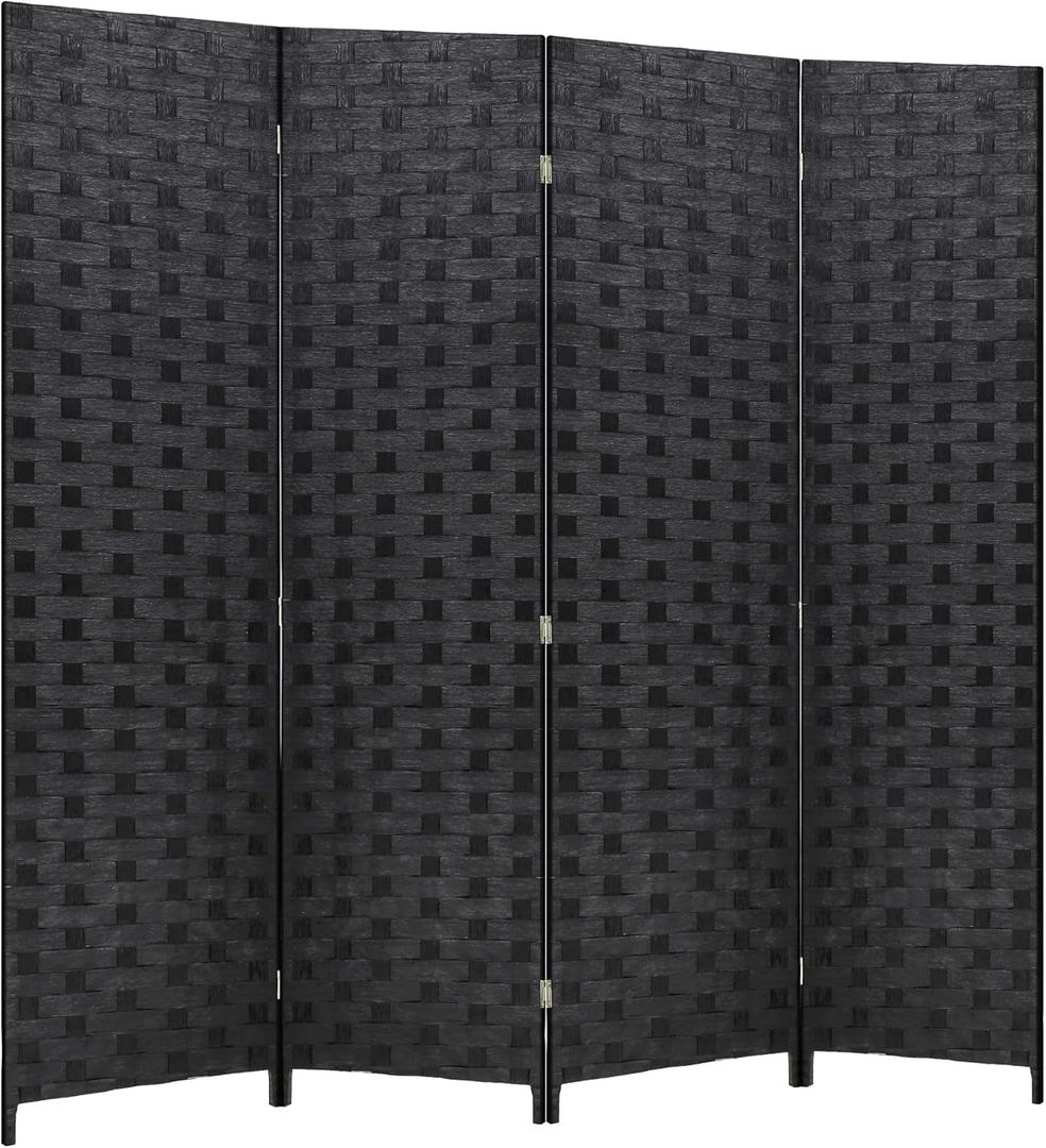 FDW Room Divider Wood Screen 4 Panel Folding Portable Partition Screens Wooden Mesh Woven Design Room Screen Divider for Home Office (Coal Black)