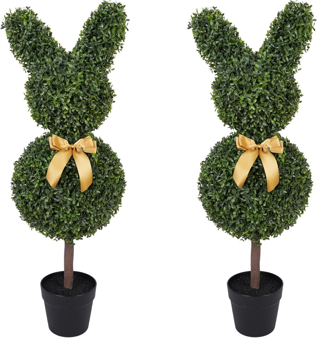 2 Pcs Bunny-Shape Boxwood Topiary 3 ft Faux Boxwood Bunny, UV & Weather-Resistant, Lifelike Decorative Garden Sculpture for Front Porch, Patio, Lawn, Backyard & Indoor Decor