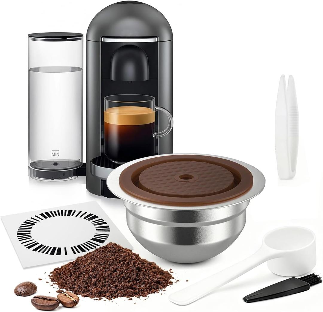 Stainless Steel Reusable Coffee Pods for Nespr*sso V-rtuo - Refillable Capsules Compatible with V-rtuoline GCA1 and ENV135 NEXT POP Series With 4 Barcode Stickers,Silicone Lid (230ML)