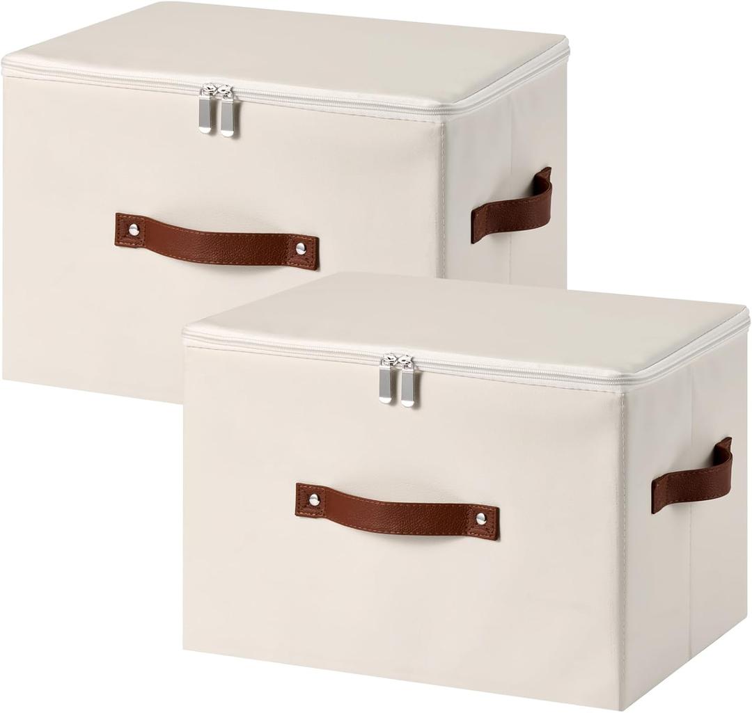 2PCS Storage Bins Box with Zippered Lid Decorative PU Leather Fabric Basket with Handles PP Plastic Board Foldable Washable Lidded Clothing Shelf Closet Organizer Container (Beige, Large)