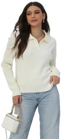 ORQUWEH Women's Polo Sweater V Neck Long Sleeve, Pullover Knit Sweaters for Women Lapel Collar L
