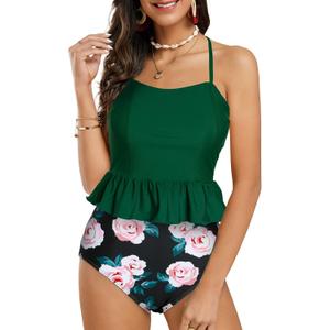 Tutorutor Women High Waisted Swimsuits Peplum Tankini Set Ruffle Floral Print Teen Spaghetti 2 Piece Halter Bikini (XS)