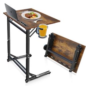 Extra Wide C-Shaped Folding TV Tray Table – Portable Laptop Desk with Cup Holder & Device Slots, No Assembly Rustic Wood Couch End Table for Bed, Sofa or Working, 23.23 x 15.35 x 26.77 inches
