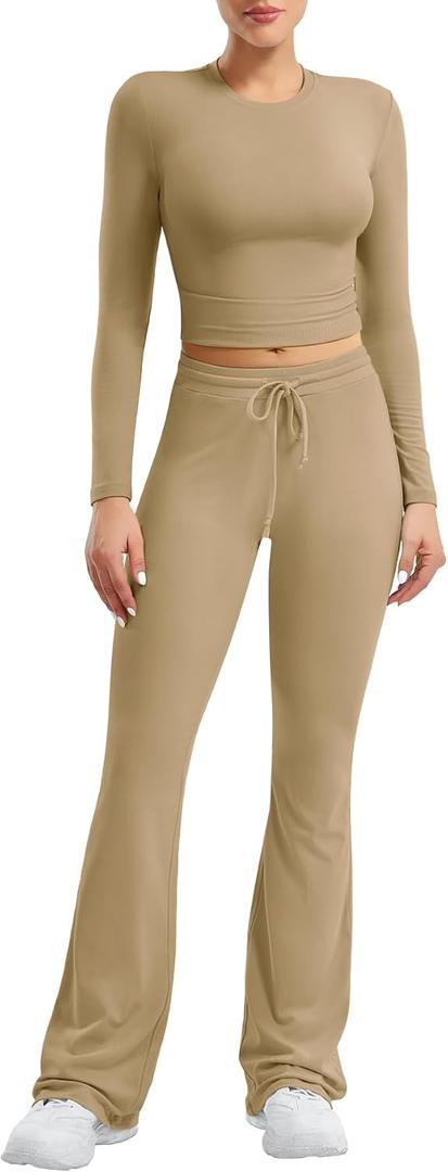 YEOREO Two Piece Sets for Women Long Sleeve Tops Lounge Set Drawstring Wide Leg Pants Ava Matching (Gold, M)