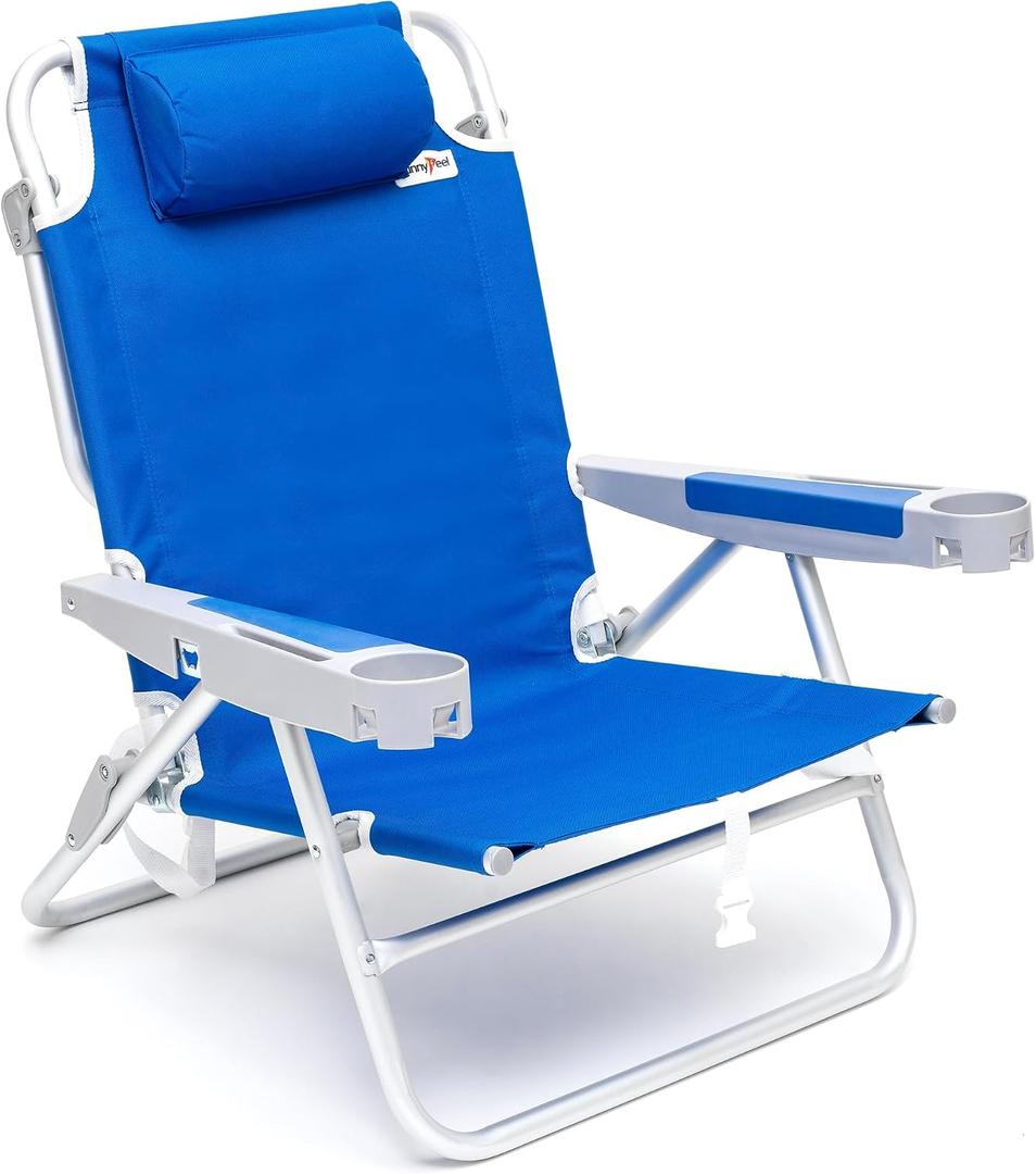 SUNNYFEEL Extra Wide 28" Low Beach Chair 5 Position Lay Flat, XL Oversized Portable Folding Camping Chairs with Cup Holder for Outdoor/Trip, Lightweight Foldable Backpack Beach Chair for Adults, X-Large