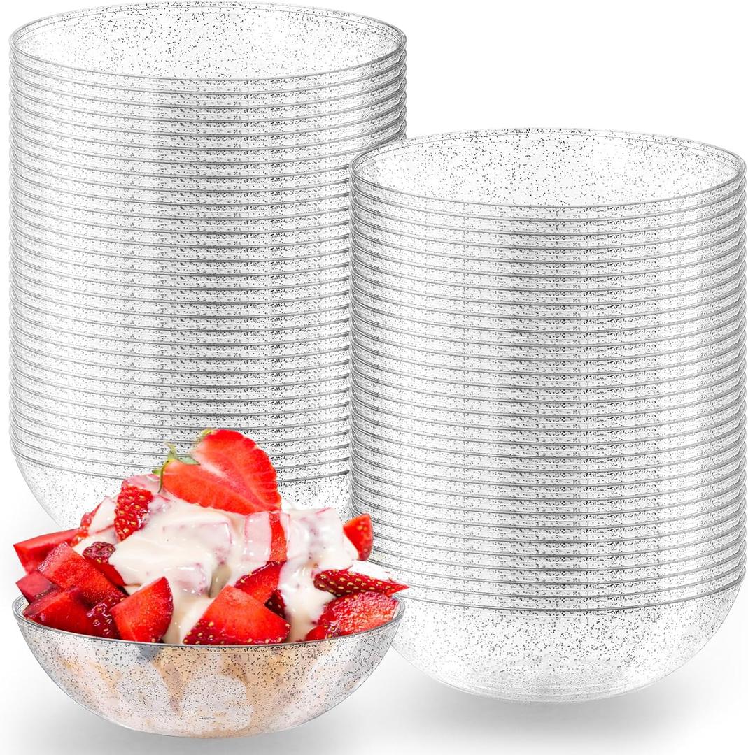 Gerrii 100 Pack Gold Glitter Plastic Bowls 14oz Disposable Salad Serving Bowls Heavy Duty Clear Dessert Soup Containers for Party, Wedding, Birthday, Dinner and Christmas (Silver)