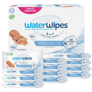WaterWipes Sensitive+ Newborn & Baby Wipes, 3-In-1 Cleans, Cares, Protects, 99.9% Water, Unscented & Hypoallergenic, 720 Count (12 Packs)