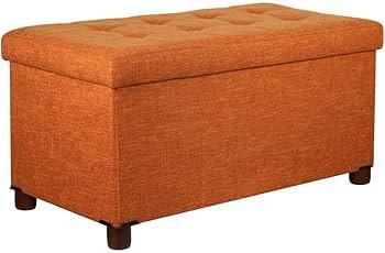30 Inches Storage Ottoman Bench, Storage Bench with Wooden Legs for Living Room Ottoman Foot Rest Removeable Lid for Bedroom End of Bed, Linen Fabric, Orange 