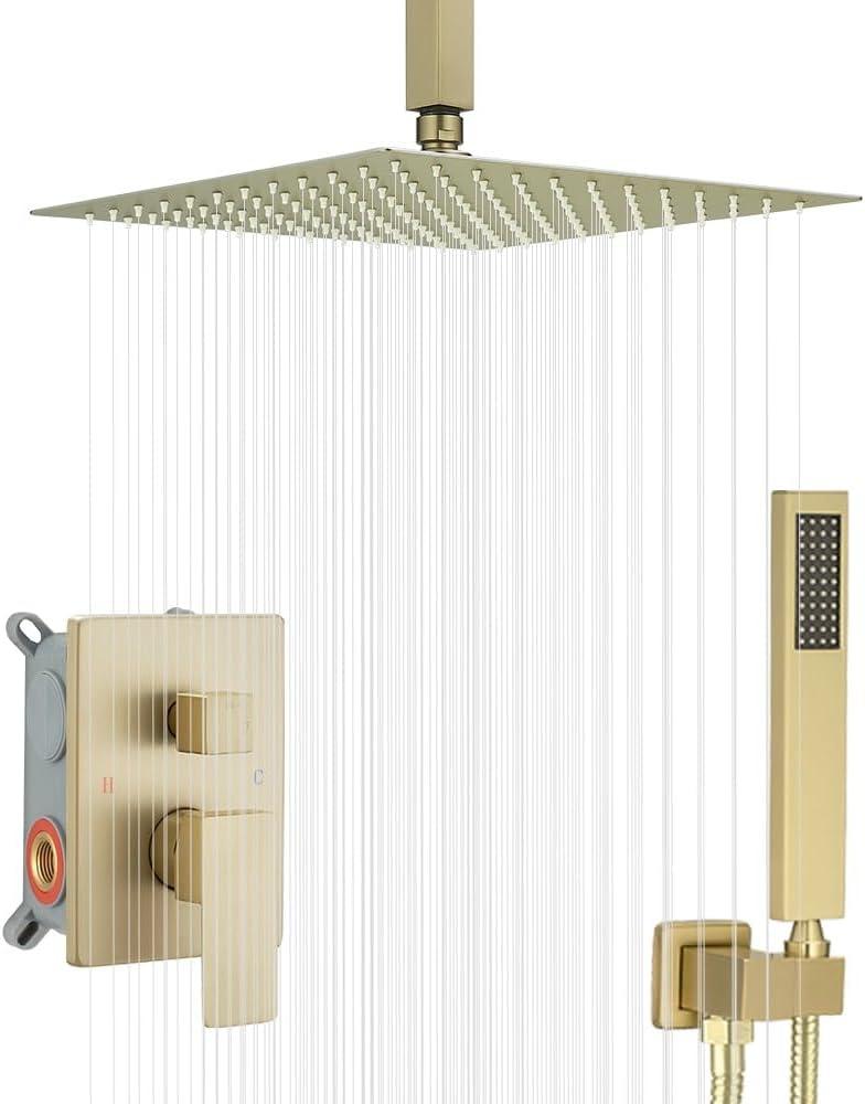 12 Inch Ceiling Mount Brushed Gold Shower System Bathroom Luxury Rain Mixer Shower Combo Set Ceiling Rainfall Shower Head System (Contain Shower Faucet Rough-in Valve Body and Trim)