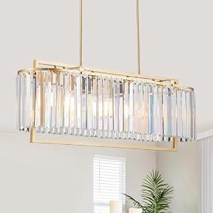 Majhoiw 33" Modern Chandeliers for Dining Room, Luxury Rectangle Gold Crystal 4-Light Kitchen Island Lighting Over Table, Linear Hanging Pendant Light Fixture for Living Room Entryway Foyer Hallway