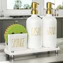 Cisily Kitchen Soap Dispenser Set Comes with Ceramics Sponge Holder, Gold Pumps, and Instant Dry Tray, Hand and Dish Soap Dispenser Set (4, Gold + White + Sponge Holder)
