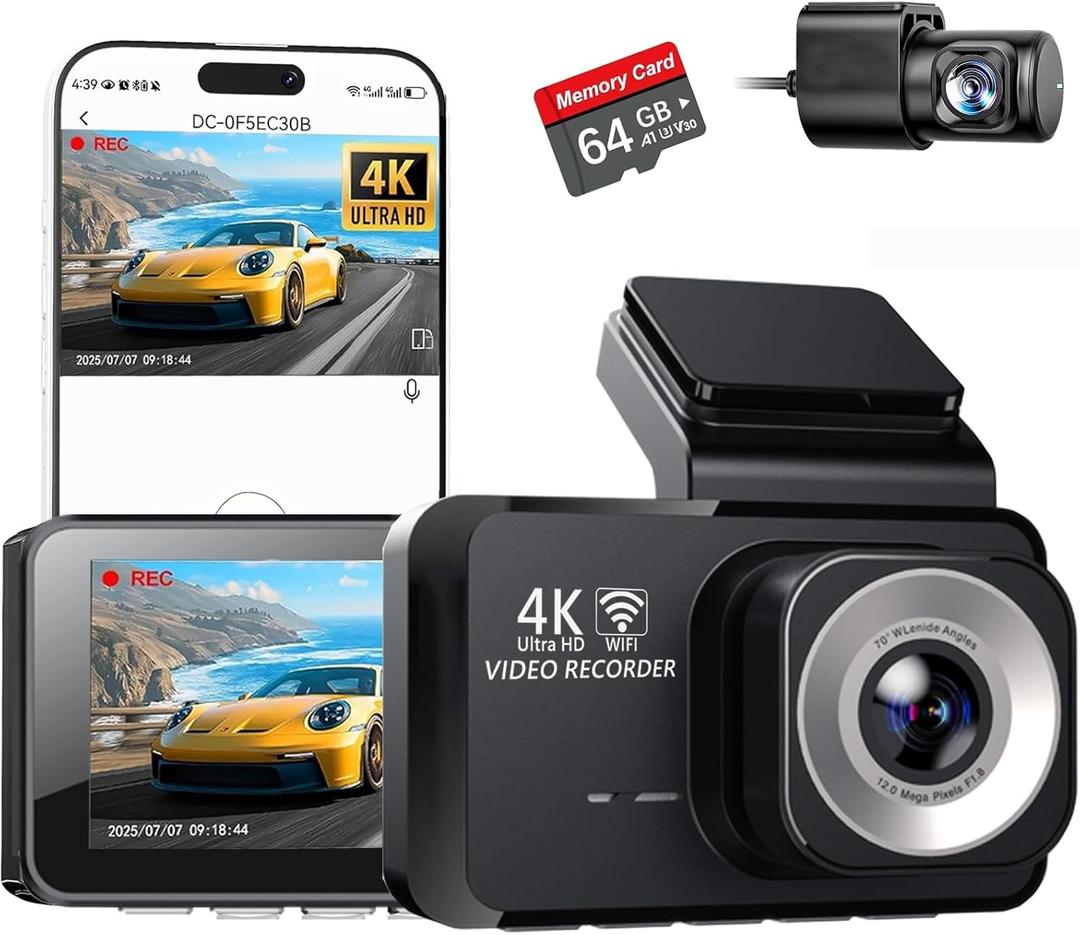 4K Dual Channel Dash Cam Front and Rear, Free 64GB Card Included, 5.8GHz WiFi Dash Camera for Cars, Built-in GPS, G-Sensor, 170Wide Angle, 3" IPS Screen, 24H Parking Mode, Support 512GB Max