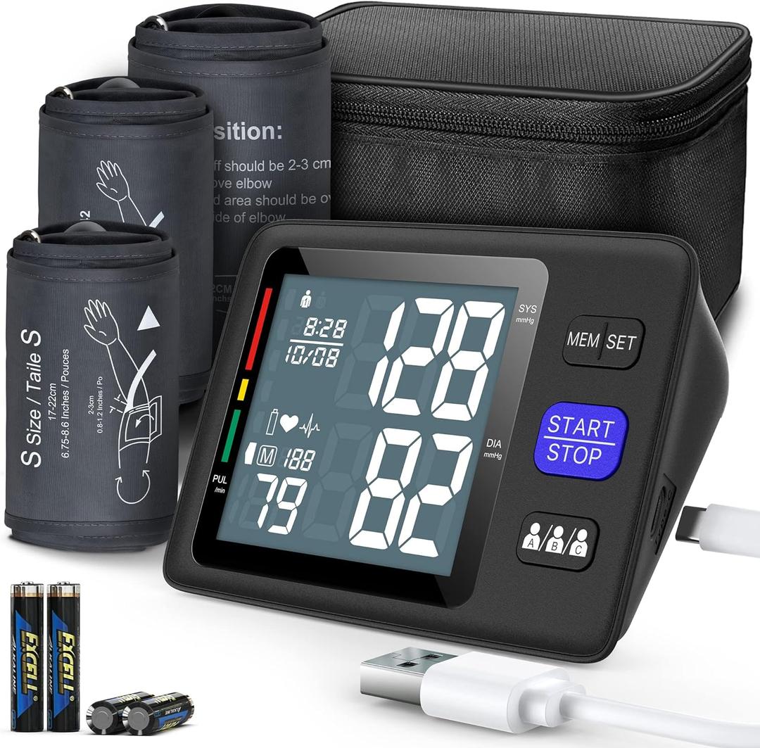 Blood Pressure Machine Upper Arm, 3 Size Cuffs, S, M/L and XL, Small 7"-9", Medium/Large 9"-17" and Extra Large Cuff 13"-21", Accurate Automatic Digital BP Monitor, Large Backlit LCD, 3-User 1500 MEM, Black
