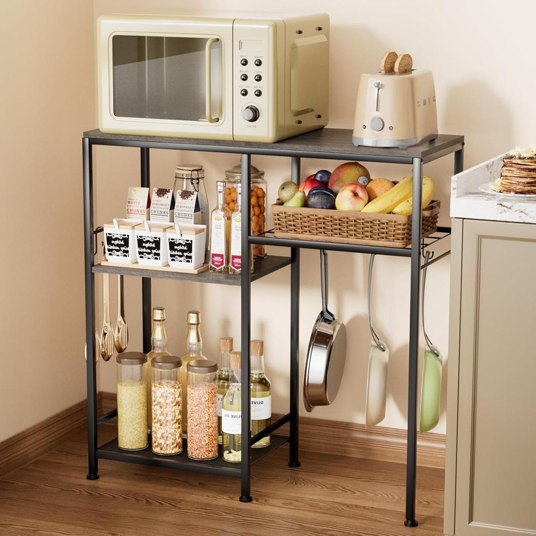 Consumest Microwave Stand, Adjustable Coffee Bar Cabinet, Multifunctional Pan Organizer with 6 Hooks and 3 Shelves, Bakers Rack for Shovel, Pots, Fruits, Vegetables, Grey & Black