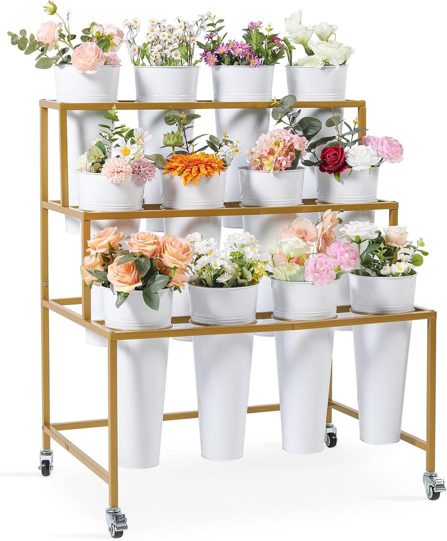 Flower Cart Display Stand, 3 Layers Metal Flower Bar Stand with 360 Swivel Wheels and Brake, Flower Display stand with Iron Buckets, Durable than Plastic Buckets, Flower Holder for Florist or Wedding