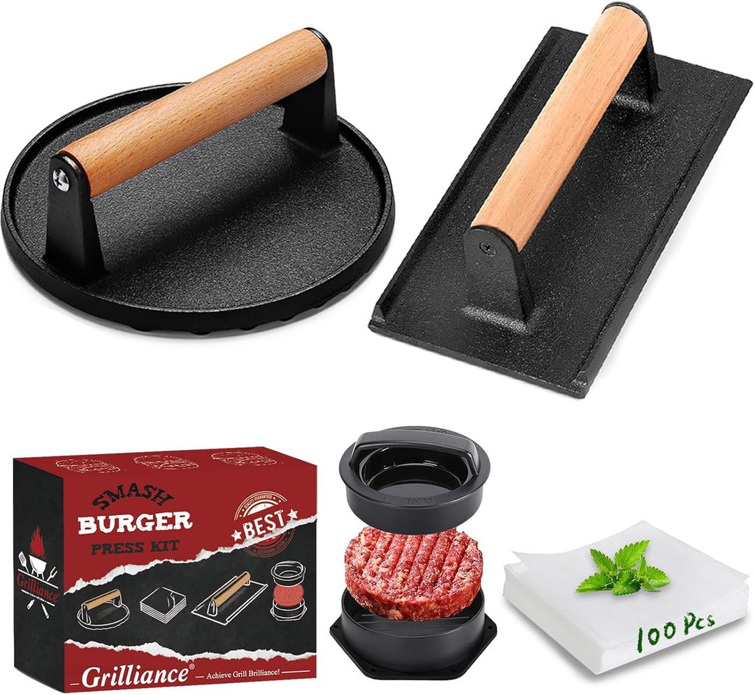 Grilliance Smash Burger Press Kit, 3 in 1 Hamburger Press Patty Maker, Black Cast Iron Burger Press Round & Rectangle, 100pcs Wax Paper for Grill, Griddle, Flat top, Kitchen, Cooking