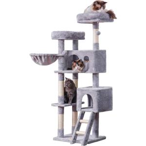 Heybly Cat Tree, Cat Tower for Indoor Cats,Multi-Level Cat Furniture Condo for Large Cats with 2 Padded Plush Perch, Cozy Basket and Scratching Posts HCT023W (61 inch, Light Gray)