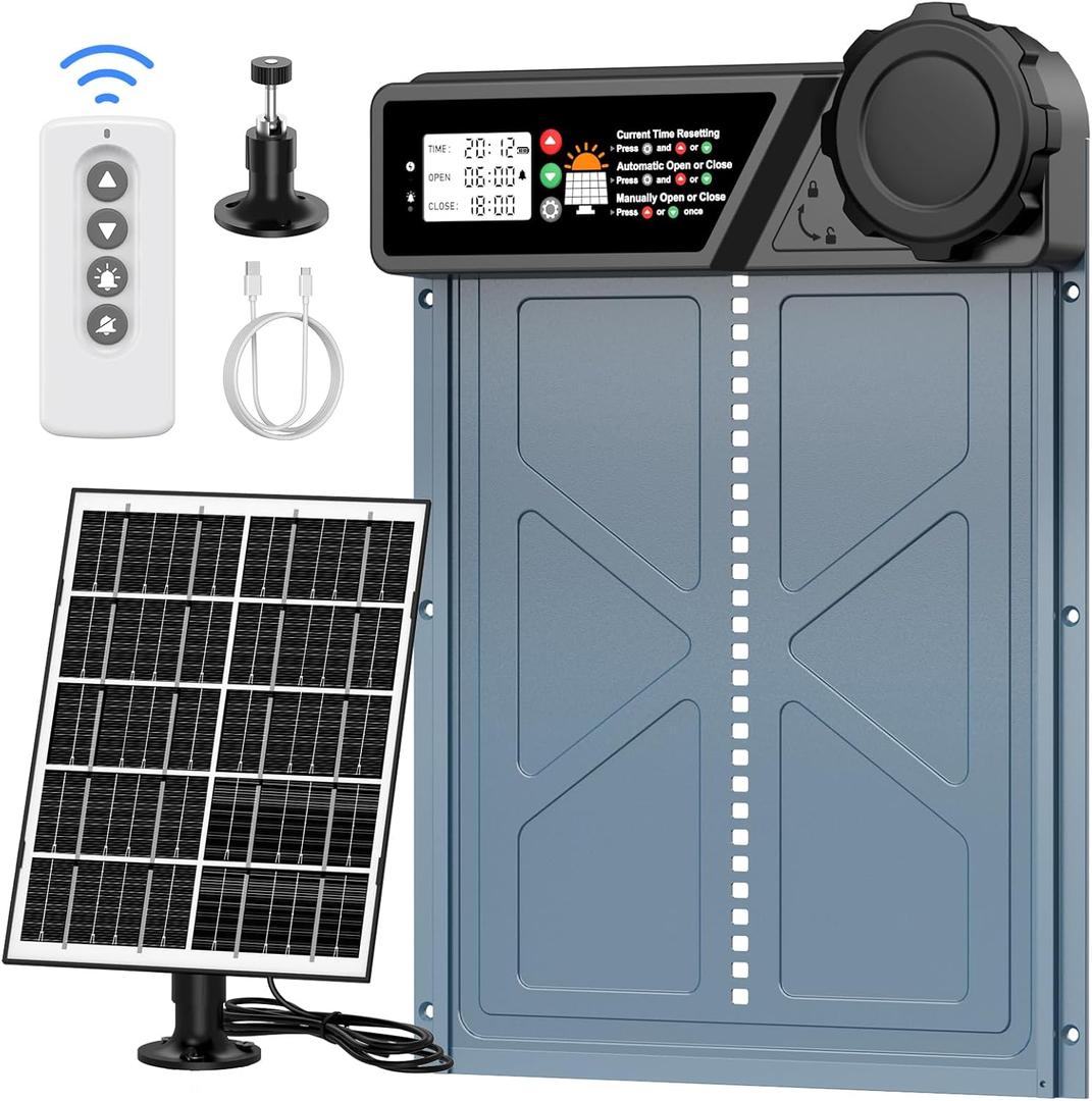 Large Size Automatic Chicken Coop Door Solar - Powered Auto Chicken Door Opener, Timer Modes for Safe and Convenient Chicken Keeping with Intelligent Obstacle Sensors, Remote Control, 14.2"H x 10.83"L (Grey)