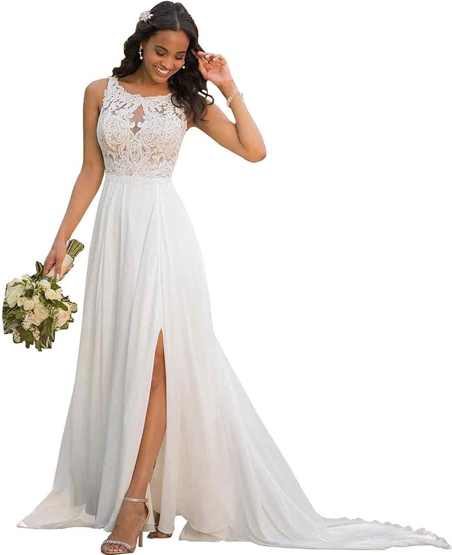 Chiffon A-line Beach Bridal Dress 2024 Boho Lace Applique Wedding Dress for Women White, Size 12