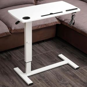 Overbed Table with Adjustable Height, Hospital Bed Table with Wheels, Rolling Bedside Table Pneumatic Mobile Standing Laptop Desk with USB Charging and Cup Holder (White)