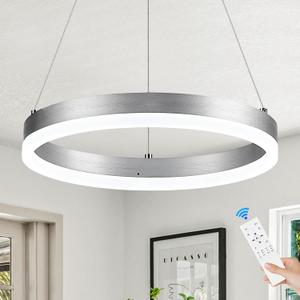 Benkut LED Ring Chandelier Modern Silver for Dining Room, Circular Flush Mount Ceiling Chandelier Light Dimmable Pendant Light with Remote Control for Kitchen Island Living Room(D12in 3000K-6500K)