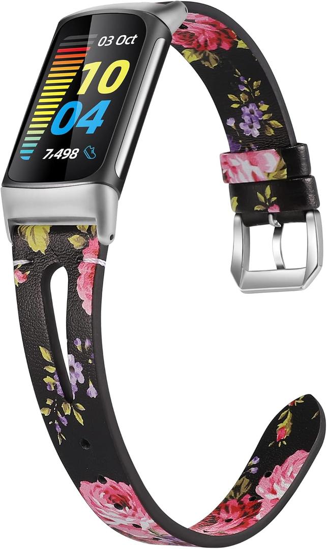 Wearlizer Compatible with Fitbit Charge 6 Bands/Charge 5 Bands for Women Men, Slim Leather Band Thin Watch Replacement Strap Wristband Accessories for Charge 5 6 Band, Pink Floral