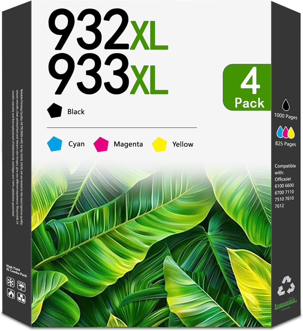 932XL 933XL Ink Cartridge Combo Pack (4 Pack,1Black/1Cyan/1Magenta/1Yellow) -LOMENTI Compatible 932XL 933XL Ink Cartridges Replacement for Officejet 6100 6600 6700 7110 7610 7612 Printer