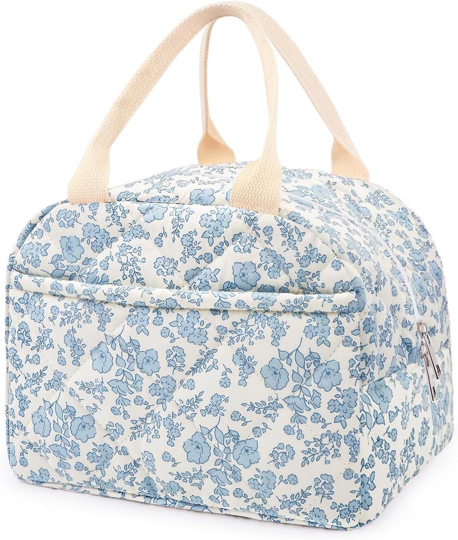 Cotton Quilted Insulated Lunch Bag, Cute Quilted Floral Lunch Tote Bags Reusable Insulated Lunch Box Coquette Aesthetic Large Capacity Insulated Cooler for Women Work Travel Picnic (Big Blue Flowers)