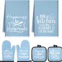 Sratte 6 Pcs Kitchen Decor Accessories Set Farmhouse Towels Pot Holders Oven Mitts Set 2 Dish Towels 2 Potholders 2 Cooking Mittens Oven Glove for Christmas Baking Cooking Supply(Light Blue,Kitchen)