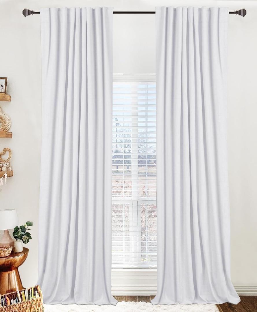 100% Blackout Shield Linen Blackout Curtains for Bedroom 84" Long, Back Tab/Rod Pocket Living Room Drapes, Thermal Insulated Blackout Curtains 2 Panels Set, 50" W x 84" L, Bright White