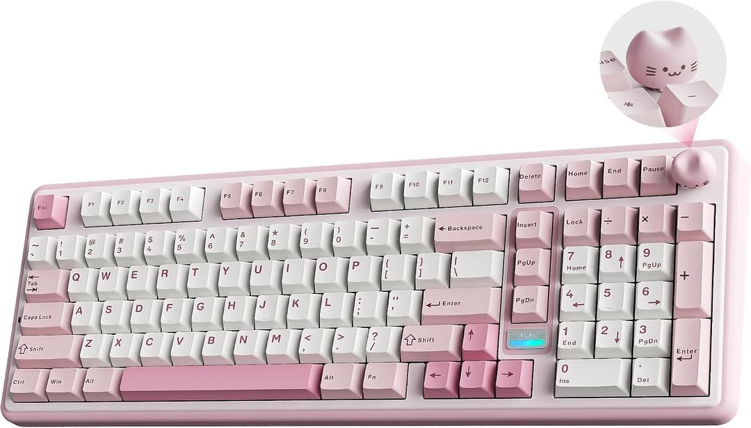 YUNZII B98 PRO QMK/VIA Wireless Mechanical Gaming Keyboard,96% Layout with Numpad and Cute Cat Knob, BT/2.4G/USB-C,Linear Switch Hot Swap Gasket,RGB for Win/Mac (Pink, Milk V2 Linear Switch)