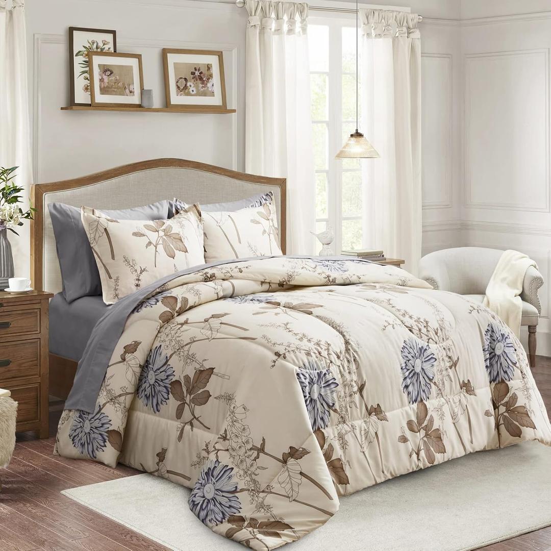 Joyreap 7 Piece Bed in a Bag King, Elegant Flower Botanical Smooth Soft Microfiber Floral Comforter Set for All Season (1 Comforter, 2 Pillow Shams, 1 Flat Sheet, 1 Fitted Sheet, 2 Pillowcases)