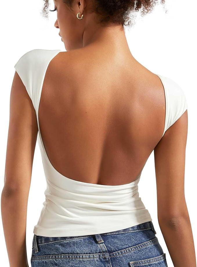 SUUKSESS Women Backless Sexy Going Out Tops Double Lined Open Back Y2k Basic Tee Shirts Small