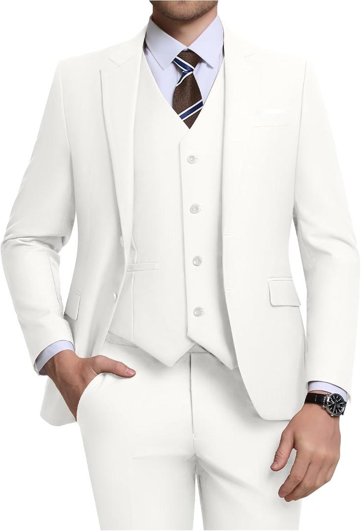 Men's 3 Piece Slim Fit Suit Set, Two Button Blazer Solid Jacket Vest Pants Wedding Business Suit (Medium, Ivory)