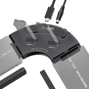 Alxum Dual M.2 NVMe & Dual SATA 4-Bay SSD Enclosure Reader, USB-C 10Gbps External Hard Drive Adapter Docking Station, PCIe 3.0 NVMe/SATA to USB Tool-Free for PC/Mac/Linux/Android