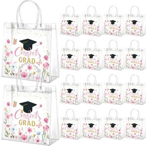 Resholder 24 Pcs Graduation Gift Bags Bulk 2026 Congrats Grad Clear Pink Floral Reusable PVC Bags with Handles for High School, College, Graduation Party Favors, 8x8x3.15 Inch