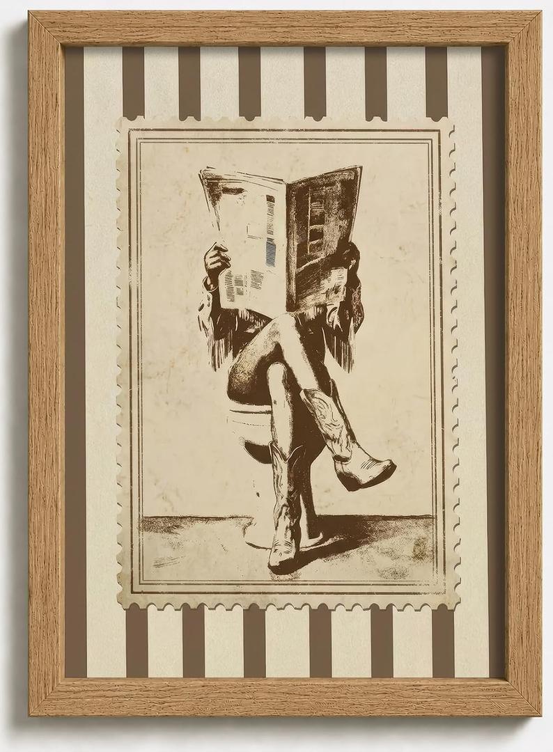 Framed Vintage Cowgirl Funny Bathroom Canvas Wall Art, Retro Stamp Style Western Rustic Wall Decor, Beige Brown Cowboy Boots Picture for Bathroom Laundry Room Bedroom Farmhouse Home Decoration, 24"L x 16"W