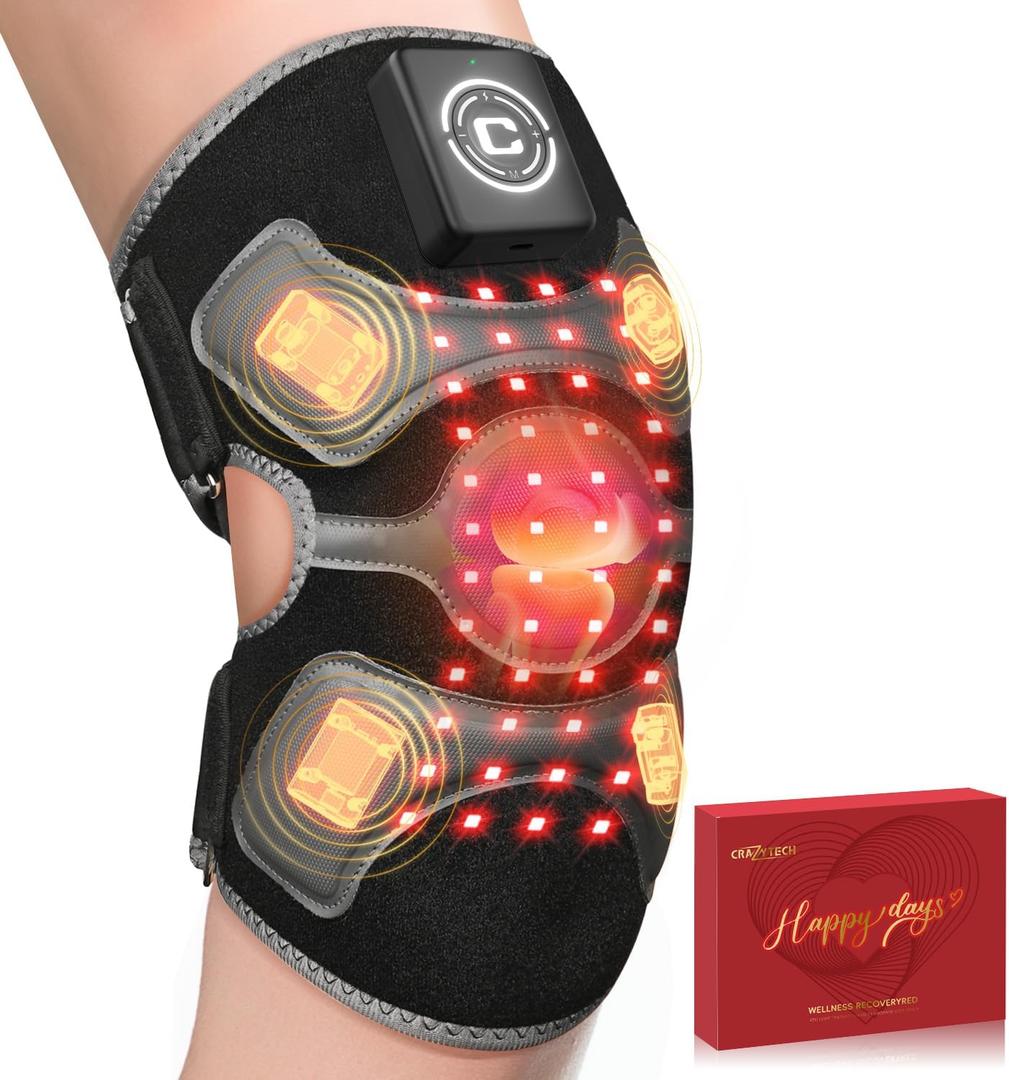 CRAZYTECH 3D Red Light Therapy Knee Brace - FSA Eligible HSA Cordless 5000mAh Knee Massager with 4 Vibration Areas, 660nm&850nm, Near Infrared Light Heated Device for Knee Elbow Shoulder Pain