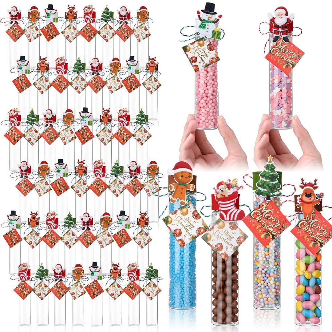 48 Sets Christmas Candy Tubes 150 x 34 mm Plastic Test Tubes with Lids Cookie Snack Hot Chocolate Gift Container for Party Decorations Stocking Stuffers (Classic)