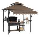 8' x 5' Grill Gazebo Canopy with Extra 7' x 3' Awning, Heavy Duty Steel Frame, Double-Tiered Outdoor Grill Canopy with Shelves, 10 Hooks & LED Lights for Patio BBQ Backyard,Brown