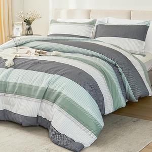 Litanika Oversized King Comforter Set Sage Green 128x120-3 Pieces Lightweight Green White Colorblock Stripe Fluffy Bedding Comforter Sets, All Season Bed Set