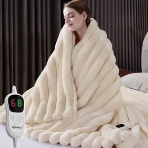 Heated Throw Blanket, Faux Fur Cozy Heating Blanket with Overheat Protection, 1/2/4/6/8 Hours Auto-Off 10 Heat Level, Machine Washable (50x60 Inches, Cream White)