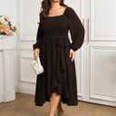 SCOMCHIC Women Plus Size Cocktail Dress Formal Long Sleeve Wedding Guest Smocked High Low Ruffle Dress with Belted (XXXL)
