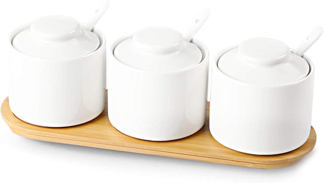 ONTUBE Ceramic Condiment Jar Set of 3 with Tray, Condiment Pot With Spoon and Lid, Seasoning Box,Sugar Bowl, 8oz (White)