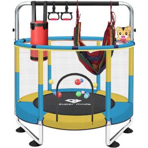 Trampoline for Kids, 5FT Adjustable for Toddler, Indoor/Outdoor Baby Trampoline with Enclosure Net, No-Gap Safe Design, Gifts for Boys & Girls (Stainless Steel, blue yellow)