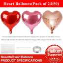 2 x 18 Inch Champagne & Pink & Red Heart Balloons, 24 Pcs Valentine's Day Foil Heart Shaped Balloons Decoration for Romantic Valentines Wedding Bridal Shower Engagement Valentine's Day Party
