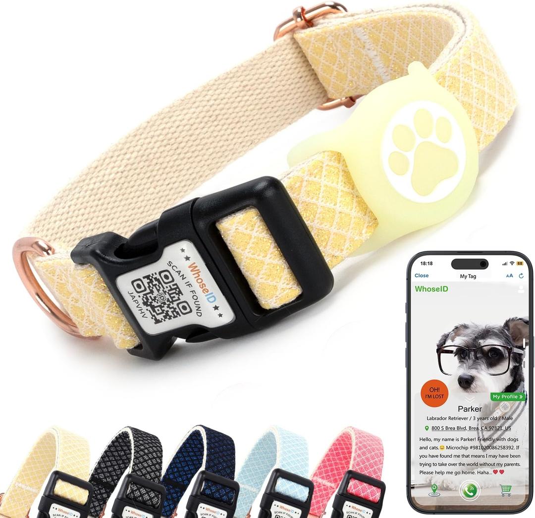 WhoseID Dog Collar with Waterproof AirTag Holder & Anti-Lost QR Code, Cute Bling Warpping Adjustable Width for Small Medium Large Pet (Yellow, L)