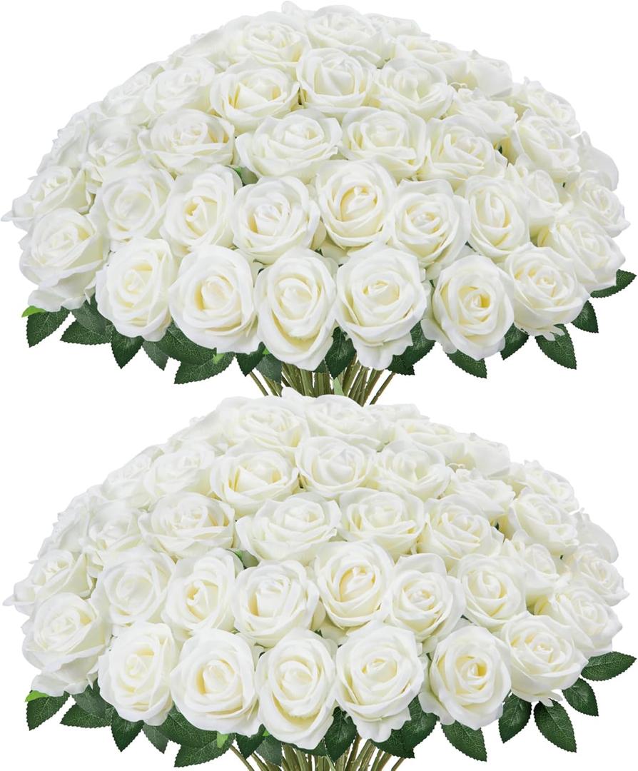 InnoGear 50 Pcs White Roses Artificial Flowers, Fake Velvet Silk Rose Bulk Faux Flower for Decoration DIY Wedding Centerpieces Proposal Bridal Bouquets Shower Party Home Floral Decor (50, White)